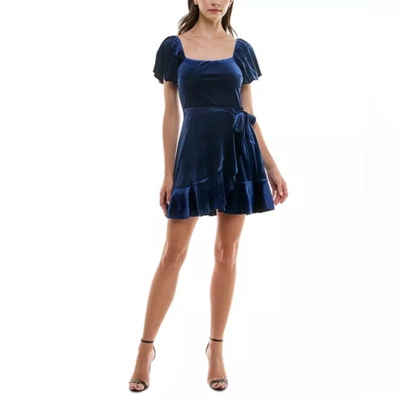 Trixxi Dresses & Skirts - Trixxi Juniors' Puff-Sleeve Faux-Wrap Velvet Dress Blue NWT Prom Occasion Party